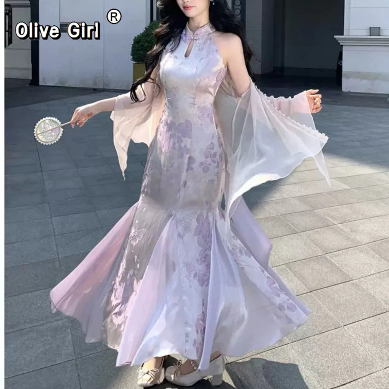 Olivegirl Sexy Fish-tail Dress Sweet 2026 Chinese-Style Wraparound Women's Qipao Jacquard Dresses Elegant Sweet Cardigan Coat