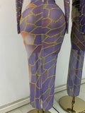 Sexy Colorful Printed Party Dress For Women Long Sleeve Mesh Rhinestones Evening Birthday Celebrity Gala Gown