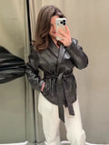 Women's Chic Lapel Oversized PU Leather Jacket Casual Full Sleeve Drop Shoulder Belted Coat Lady 2026 Spring Chic Streetwear