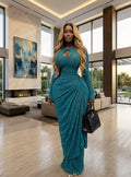 Women O-neck Ribbon Ruched Long Sleeve Bodycon Maxi Long Dress 2026 Summer Sexy Birthday Party Vacation Trendy Dresses