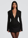 Elegant Office Dress Women Sexy Single-Breasted Hidden Buttons V-Neck Full Sleeve Folds Fashion Commute Bodycon