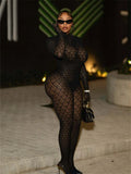 Coquette Backless Jumpsuit Women Sexy Jacquard See Through Turtleneck Full Sleeve Stretch Midnight Club Streewear