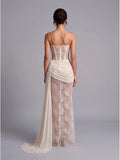 Elegant Strapless Lace Long Ribbon Wedding Dress Patchwork Vintage Floral Lace Bridal Gown Sheath Fitted Dresses