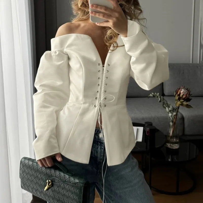 White Off-Shoulder Cardigan Women's Fashion Lace-Up Backless Sexy Shirt Top Elegant Luxury Party Chic Slim Female Top