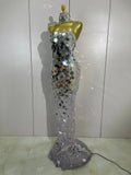 Sexy Silver Sparkly Round Sequin Pearl Women Backless Floor Length Dress Celebrate Birthday Evening Party Bar Queen Drag Costume