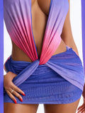 Colorful Gradient Print Dress Women Backless Sleeveless Halter Deep v-Neck Mesh Folds Summer Fashion Mini Bodycon