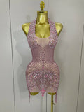 Sexy Sparkly Rhinestones Halter Backless Mesh Velour Short Dress Women Evening Prom Celebrate Birthday Party Stage Wear