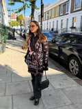 Women's Shawl Collar Fringe Knitted Cardigan Self Fabric Belt Waist Ethnic Print Loose Long Sleeve Mid Length Coat Autumn Casual
