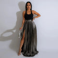 Women Fashion  Spring High Side Split Big Swing Pleated Floor Length Skirt High Waist Street Party Long Maxi Skirts