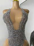 Sexy Mesh See Through Bodysuit Women Glitter Rhinestones Tassel Sleeveless Performance Dance Costume Nightclub Bar Stage Wear