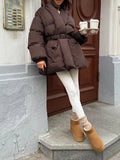 Solid Casual Basics Down Jacket for Women V Neck Long Sleeve Tunic Patchwork Sashes Slimming Elegant Coat Female