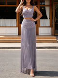 Glam Rhinestone Fringe 2 Piece Set for Women Sweetheart Neck Crop Cami Top High Waist Floor Length Skirt for Evening Party