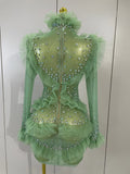 Sexy Mesh Ruffled Sparkly Rhinestones Long Sleeves See Through Mini Dress Women Eveing Party Birthday Dance Nightclub Stage Wear
