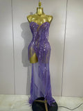 Sexy Purple Strapless Mesh See Through Long Dress Sparkly Diamond Tassel Birthday Evening Party Nightclub Bar DJ Show Stage Wear