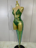 Women Sparkly Green Rhinestone Tassels Sexy Latin Dancer Mesh Bodysuit Eveing Party Birthday Nightclub Performance Stage Costume