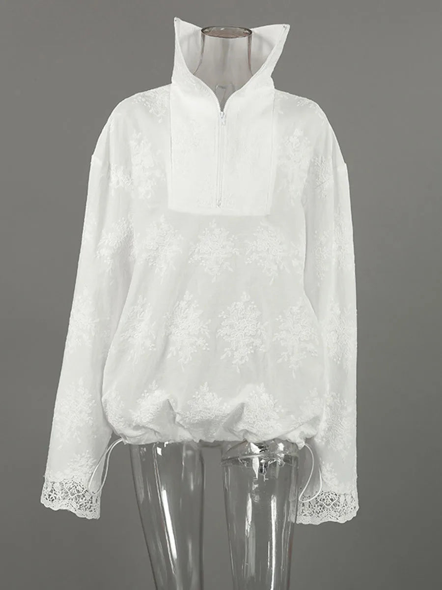 Minimalist Lace Women Jackets Stand Collar Long Sleeve Drawstring Loose Jacket for Street Daily Wear Autumn Fashion
