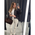 Elastic Drawstring Leather Jacket Zipper Stand Collar Long Sleeved Short Jackets Lady 2026 Autumn Women Chic Street Outerwear