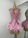 Women Sexy Halter Beading Feather Tight Bodysuit Nightclub Performance Leotard Luxury Party Celebrate Stage Wear