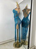 Women Sexy Sparkly Crystal Sequins Sleeveless Mesh See Through High Split Long Birthday Dress Dancer Performance Stage Costume