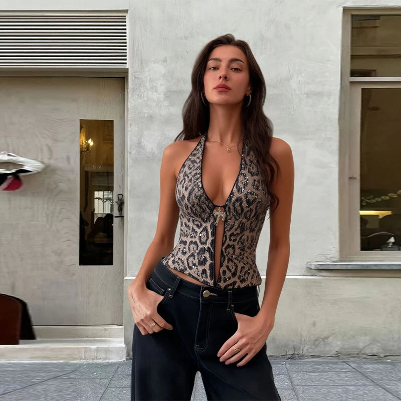 Women's Leopard Sequin Halter Cami Top Fashion V-neck Sleeveless Backless Slim Tank Blouse Lady 2026 Summer Sexy Y2k Streetwear