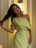 Womem One Shoulder Slim Fit Midi Dress Formal Ruched Waist Draped Detail Elegant Vestidos 2026  New Lady Holiday Street Dresses