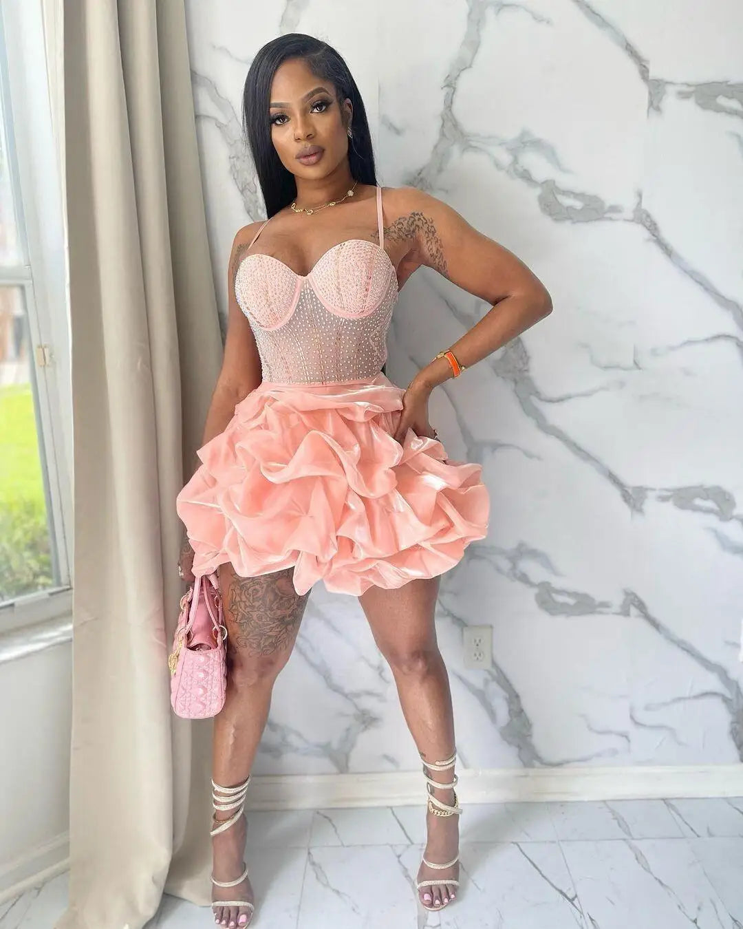 Sexy Rhinestone Bodycon Ruched Puff Suspenders Dresses Women Sheer Mesh Birthday Party Night Clubwear Summer Dresses Robes