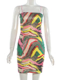 Sequin Patchwork Sling Dress Woman Colorful Print Low-Neck Backless Skinny Peach Hip Evening Party Sexy Mini Bodycon