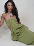 Elegant Hollow Dress Women Solid Patchwork Sleeveless Backless Ruched Stretch Gown Midnight Prom Party Long Bodycon