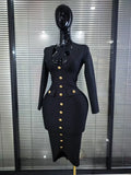 High Quality Women Long Sleeve Sexy V-Neck Buttons Bodycon Midi Bandage Dress Officelady Fashion Evening Party Clothing