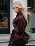 American Retro Burgundy Leather Jacket for Women Stand Collar Long Sleeves Slimming Design Coat Female Winter New