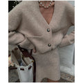 Elegant Women Knit Skirt Set Lady V Neck Button Pocket Cardigan And Mini Skirt 2 Piece Outfit Soft Fuzzy Sweater Matching Suit
