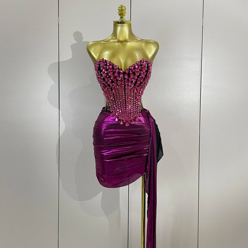 Women Party Celebration Sexy Stage Nightclub Outfit Sparkly Diamonds Crystals Mesh Short Two Pieces Set Luxury Birthday Dress