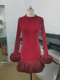 Elegant Slimming Spliced Ruched Mini Dresses For Women Flower Bud Design With Long Sleeves High Waist Dress Female New