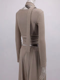 Solid Two Piece Set for Women Slash Neck Irregular Hem Long Sleeve Top High Waist Straight Pant Casual Suit Female