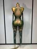 Sparkly Rhinestone Sexy Mesh Bodycon Jumpsuit Nightclub Bar Evening Party Gogo Dancer Clothing Drag Queen Outfit Stage Costume