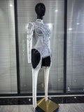 Red Black Women Long Sleeve Sexy Mesh See Through Sparkly Crystal Bodycon Jumpsuit Celebrate Nightclub Bar Dance Stage Wear