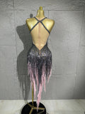 Singer Stage Nightclub Outfit Sexy Chic Gray Pink Glittering Beaded Fringed Halter Dress Performance Costume Dance Party