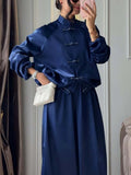Solid Spliced Buttons Two Piece Set Female Stand Collar Long Sleeve Top Retro Chinese Women's Trousers Sets Fashion