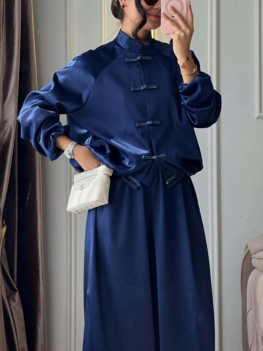 Solid Spliced Buttons Two Piece Set Female Stand Collar Long Sleeve Top Retro Chinese Women's Trousers Sets Fashion