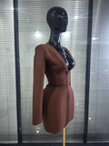 Brown Color Women Long Sleeve Sexy Deep V-Neck Bodycon Mini Bandage Dress Nightclub Party Birthday Outfit Wholesale