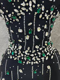 Sophisticated Black Bandage Midi Dress Women Spaghetti Strap Sweetheart Neck Rhinestone Emerald  Bodycon Evening Gown