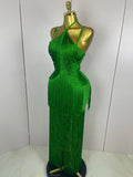 Elegant Sexy Backless Green Tassel Bodycon Long Bandage Dress Women Celebrity Evening Club Luxury Birthday Party Stage Outfit