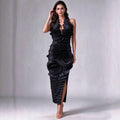 Elegant 3D Flower Applique Halter Maxi Dress Sexy Off Shoulder Backless Ruffled Bodycon Bandage Celebrity Evening Party Gowns