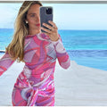 Women's Chic Printed Mesh Maxi Dress Bodycon Long Sexy Beach Swim Party Dresses New Holiday Vacation Cover Up Casual Outfit