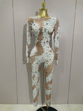 Women Celebrate Nightclub Party Dancer Performance Wear Sexy Stage Costume Crystal High Stretch Bodycon Long Sleeve Jumpsuit
