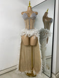 Women Sexy Straplss Crystals Diamonds Feather Luxury Party Dress Designer Mesh Transparent Performance Stage Outfit