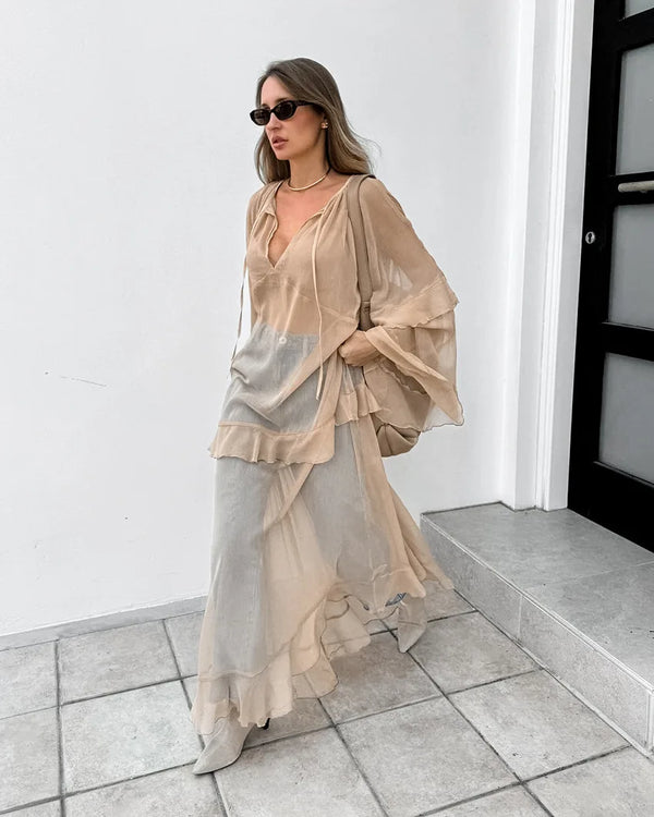 Solid Spliced Mesh Loose Dresses for Women V Neck Long Sleeve High Waist Loose Casual Dress Female New