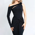 Solid Slimming Spliced Appliques Dresses for Women Slash Neck Long Sleeve High Waist Sexy Dress Female New