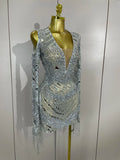 Luxury Birthday Sparkly Diamonds Sequin Tassels Long Sleeves Sheer Mini Dress Evening Party Sexy Mesh Nightclub Photo Shoot Wear