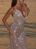 Sexy White Backless Sequin Summer Dress Women Maxi Slip Beach Birthday Dress Woman Elegant Party Evening Long Dresses Vestidos